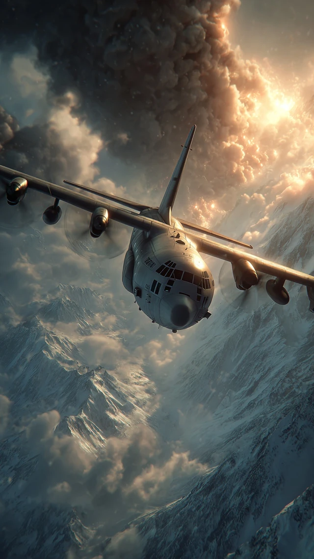 Burning Plane Over Mountains Dramatic Artwork