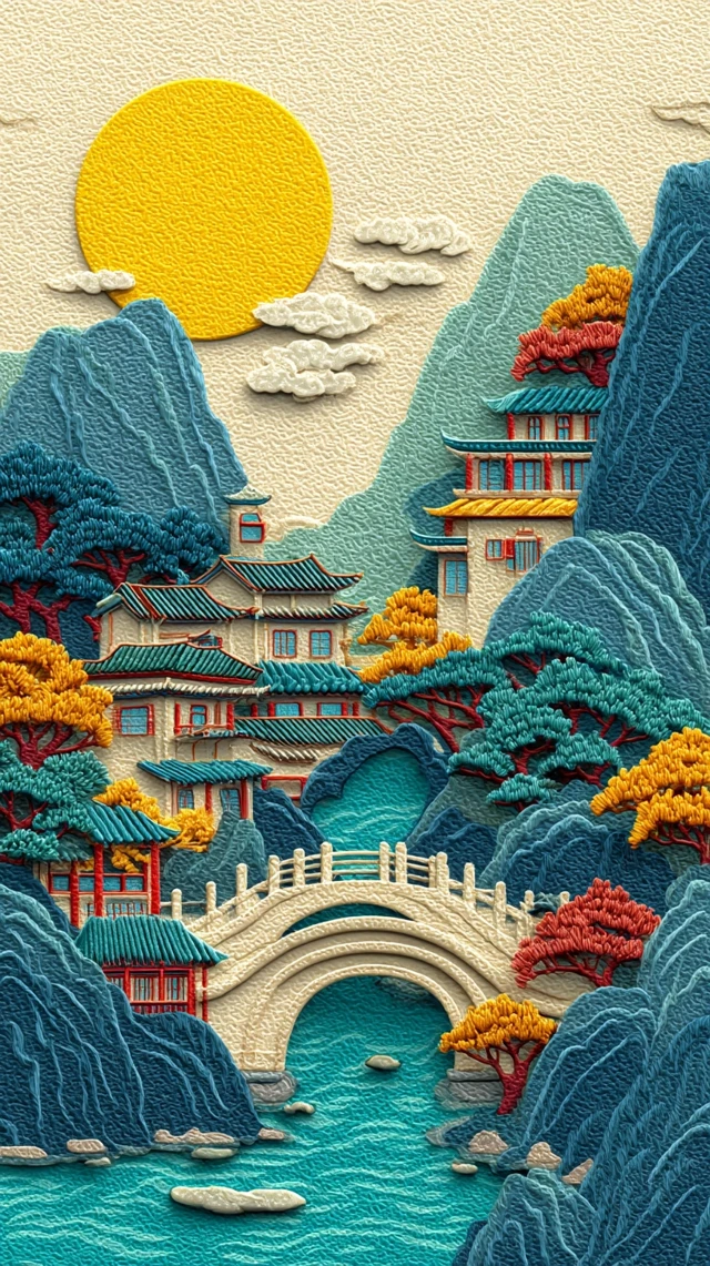 Chinese Landscape Art: Bridge, Mountains, and Houses