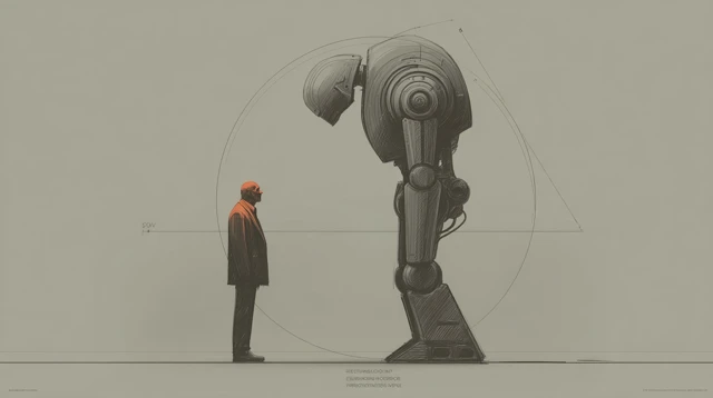 Human and AI Robot Meeting Painting Sketch
