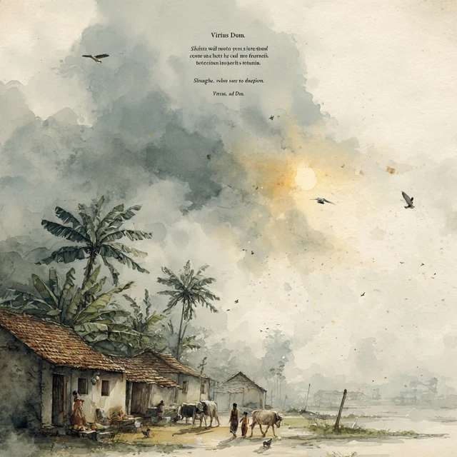 Indian Village Morning Watercolor Scene