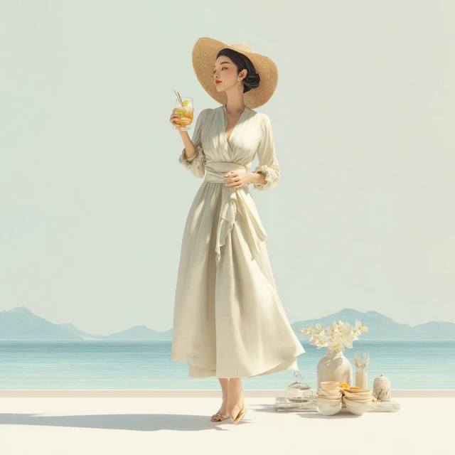 Asian Woman in Dress with Drink and Straw Hat