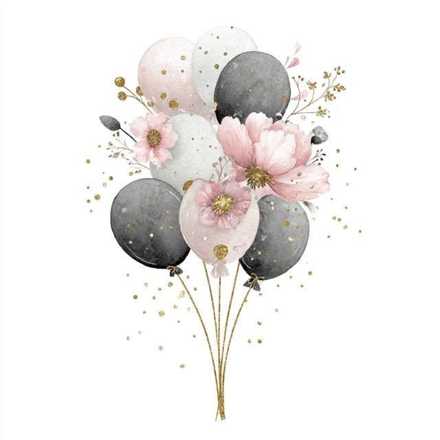 Watercolor Balloon Bouquet Floral Accents Gold Glitter
