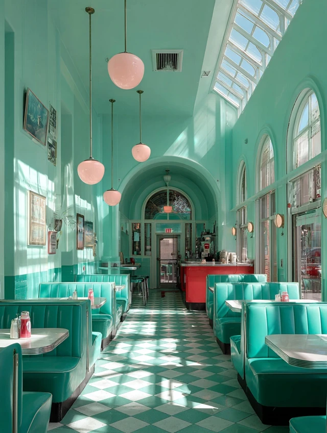 Art Nouveau 50s Diner with Teal Walls