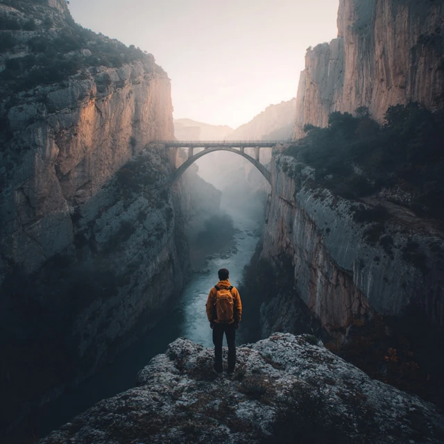 Explorer on a Cliff Overlooking a Bridge