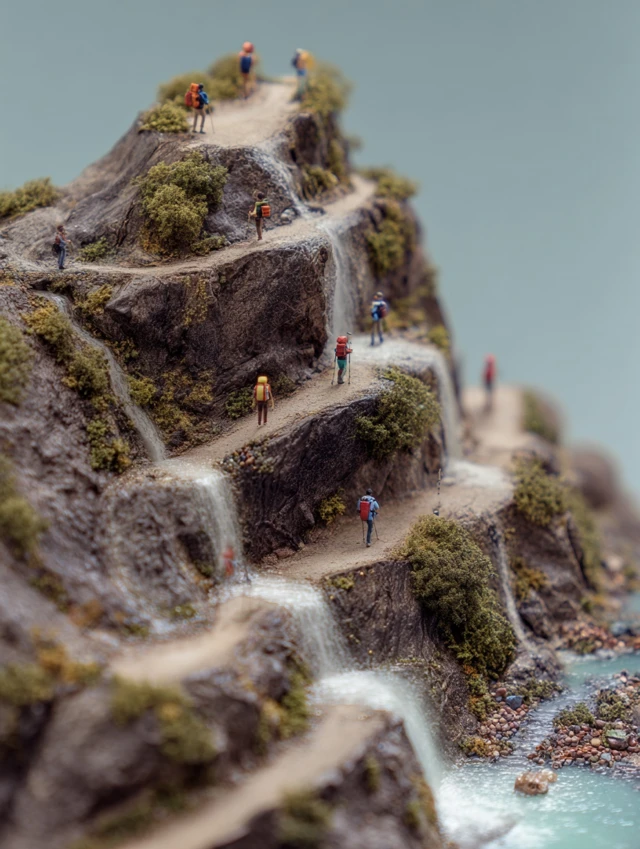 Microscopic Mountain Scene Hikers Climbing