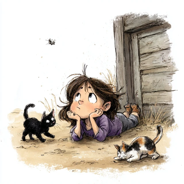 Girl and Cats Cartoon Illustration