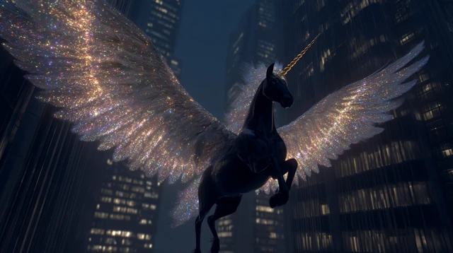 Fantasy Unicorn Flying Through City Night Sky