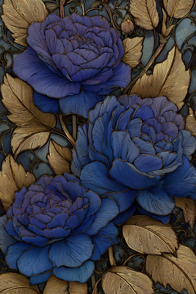 Navy Blue Flowers Stained Glass Art with Gold Accents