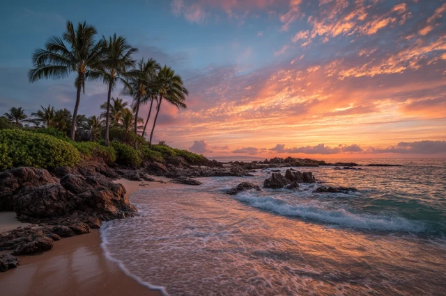 Hawaiian Sunset Beach Paradise with Palm Trees