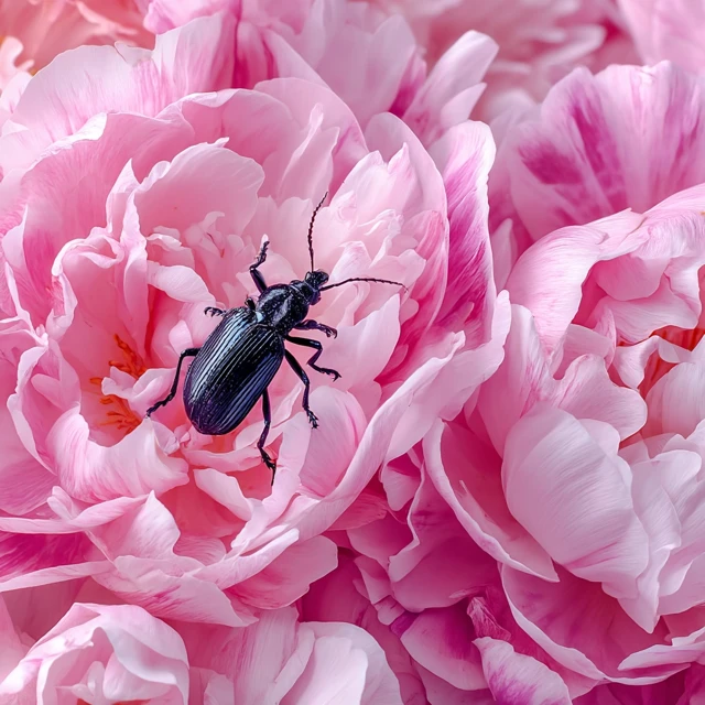 Black Beetle on Pink Peonies Macro Photography