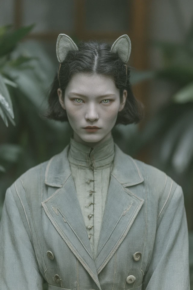 Brooding Woman with Cat Ears in a Botanical Setting