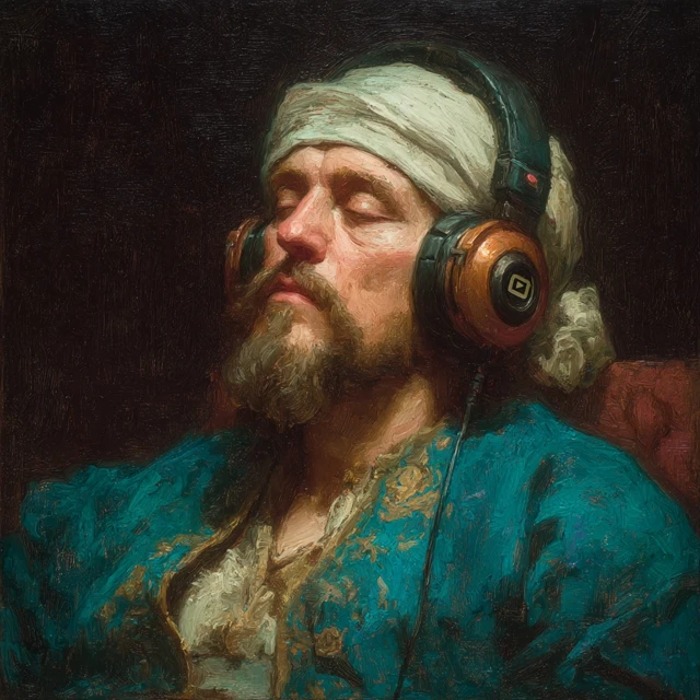 Renaissance Bard Listening to Headphones
