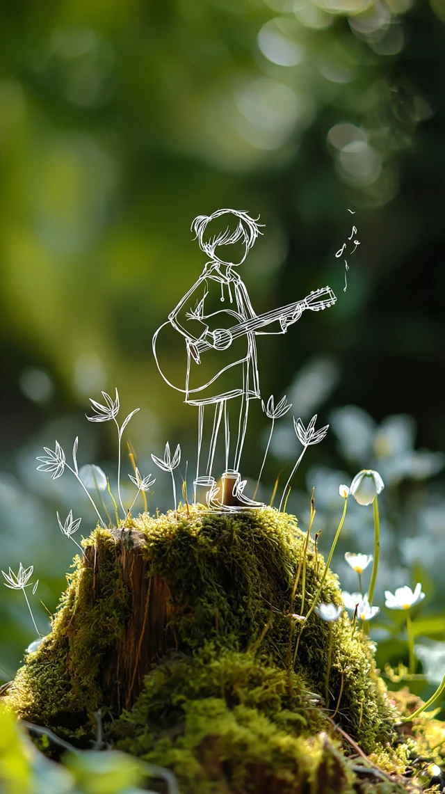 Boy Playing Guitar in Nature Minimalist Art