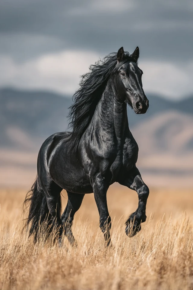Black Friesian Horse in Grassland Stunning Photography