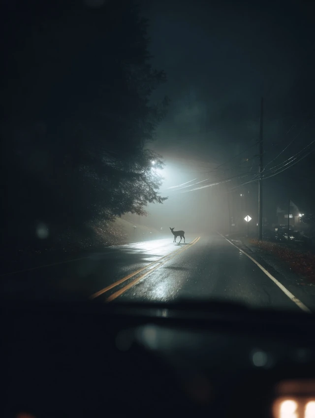 Night Road Scene Deer Crossing Windshield View