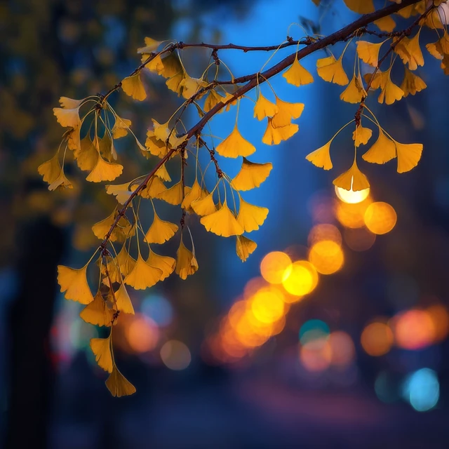 Golden Ginkgo Leaves Night Light Bokeh