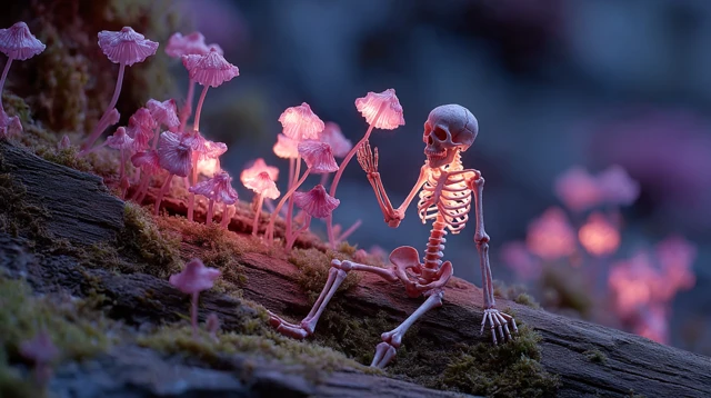 Glowing Skeleton in Fantasy Forest with Mushrooms