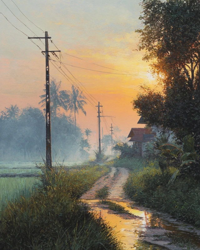 Kedah Village Sunrise Gouache Painting Malaysian Scene
