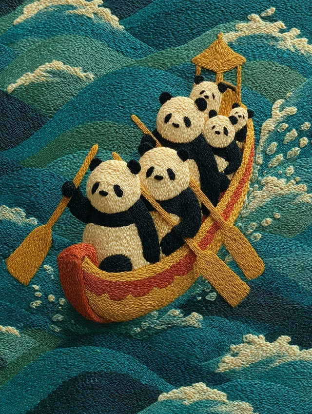 Panda Dragon Boat Rowers Illustration Art