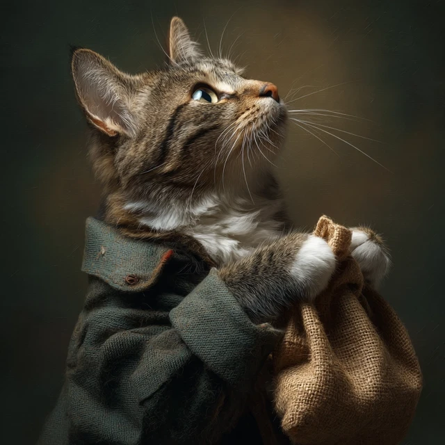 Beautiful Cat in Vintage Clothes with a Bag
