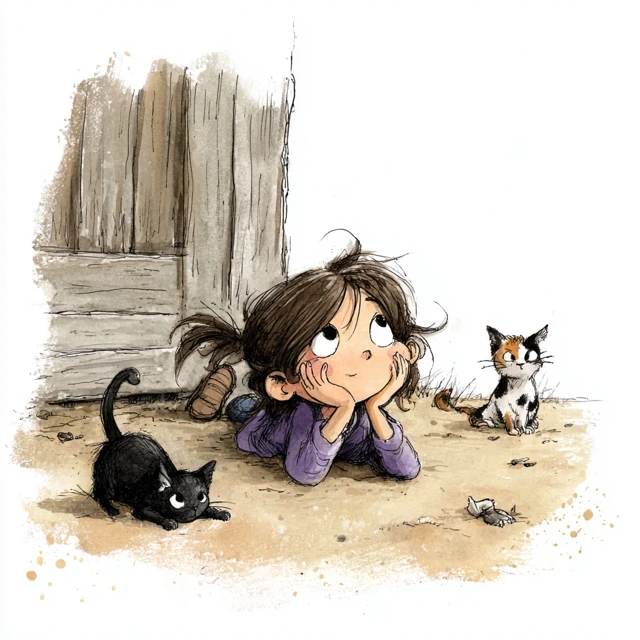 Girl and Cats Cartoon Illustration
