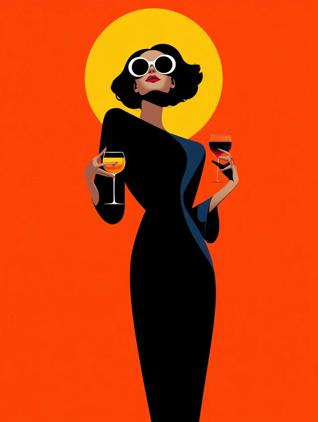 Elegant Woman Illustration with Wine - Minimal Vector Art