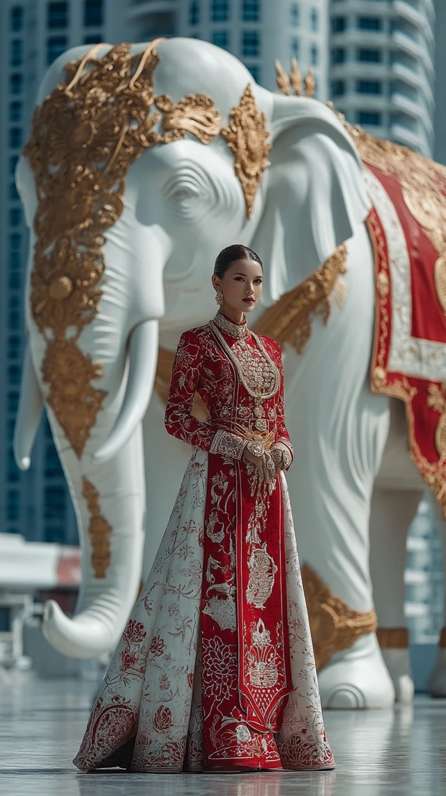 Thai Woman in Royal Dress with White Elephant