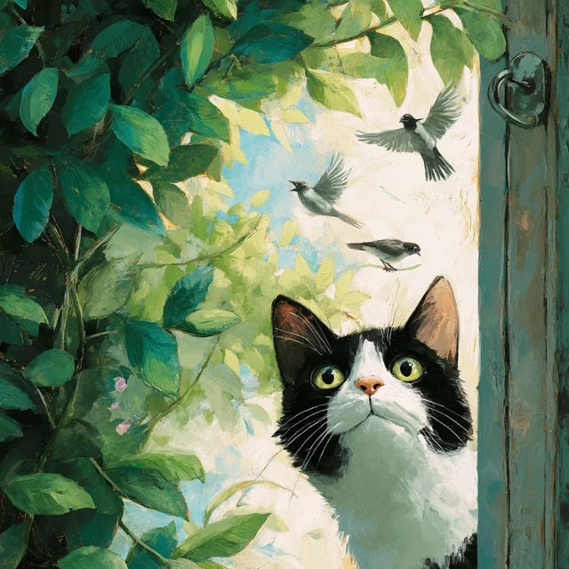 Whimsical Painting Cat and Birds