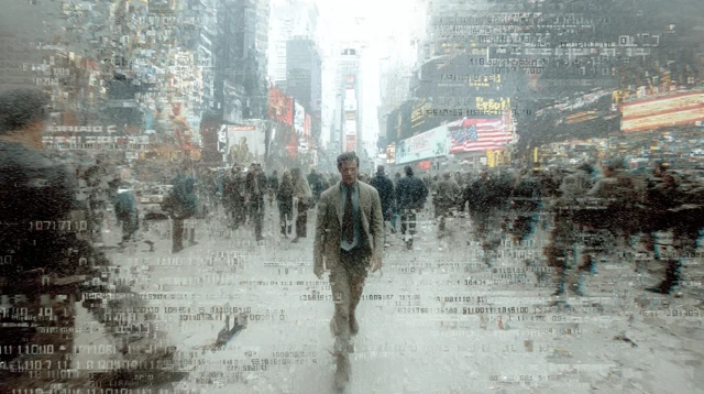Man Dissolving in Code in Times Square Cyberpunk