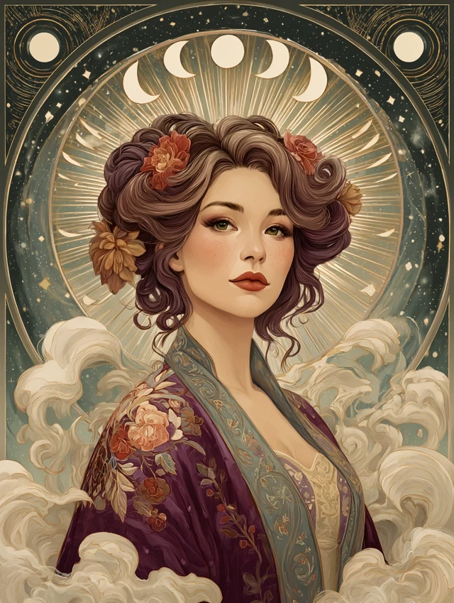 Art Nouveau Portrait of a Woman Moon Halo