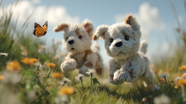 Stuffed Puppy Puppies Chasing a Butterfly 3D Animation