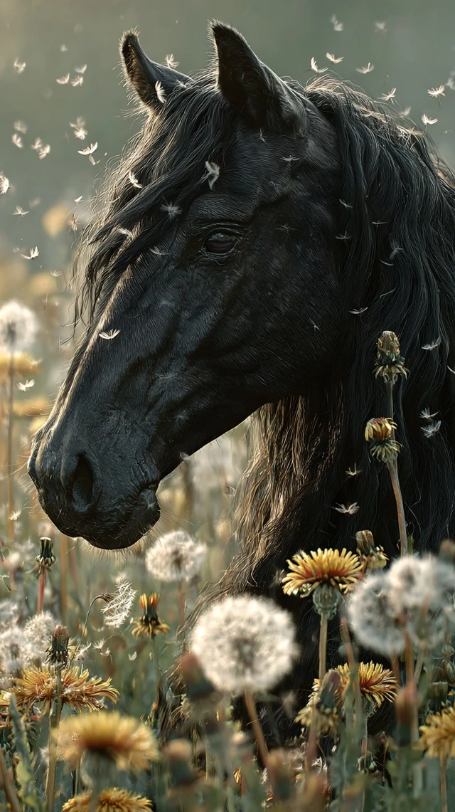 Beautiful Black Horse in a Meadow Golden Hour Light
