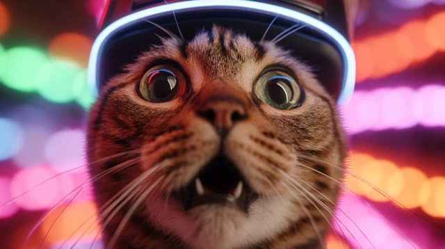 Surprised Cat in VR Headset Colorful Lights