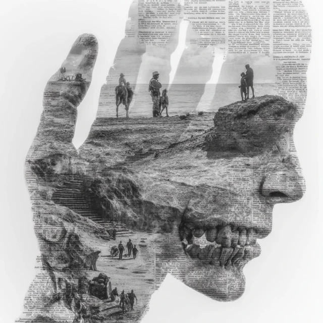 Artistic Collage of Hand Skeleton Coming Out of Ground