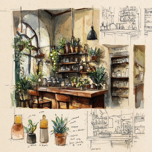 Coffee Shop Design Concepts Pottery Plants Candles Indie