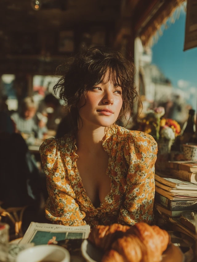 Parisian Cafe Scene Chinese Woman Croissants