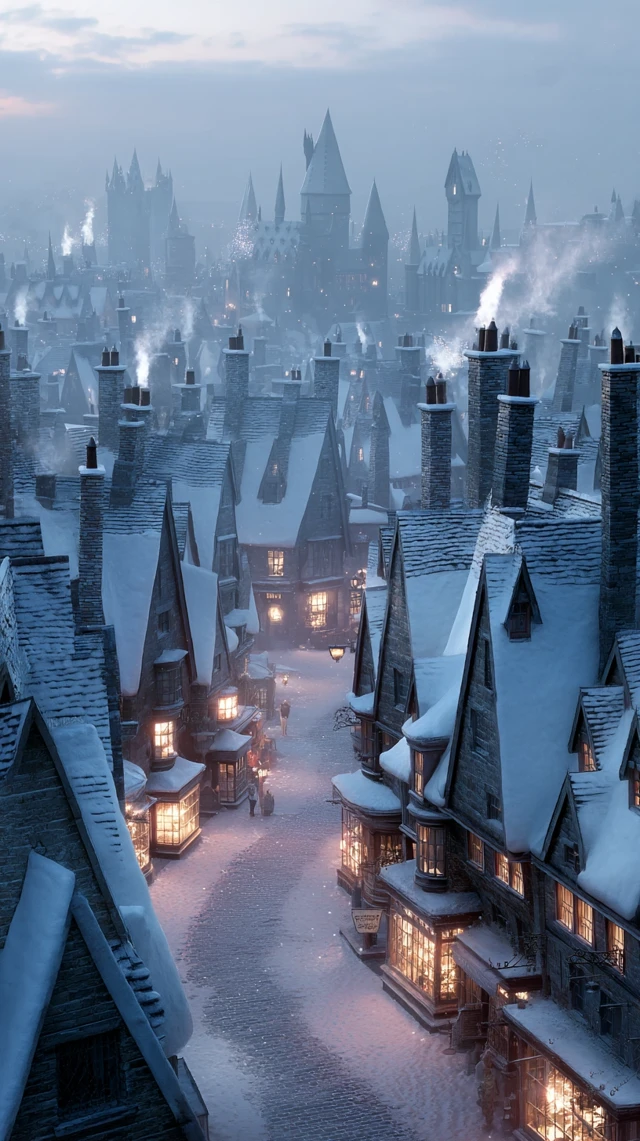 Hogsmeade Village in Winter Magical Scene