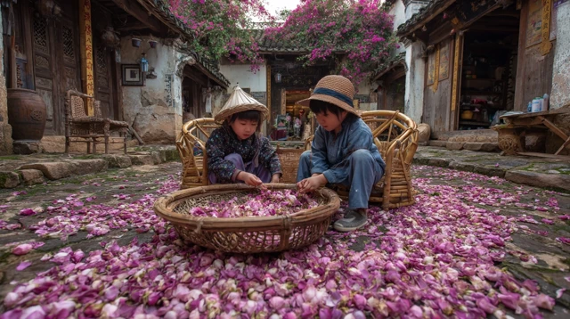 Asian Kids Picking Rose Petals Yunnan China