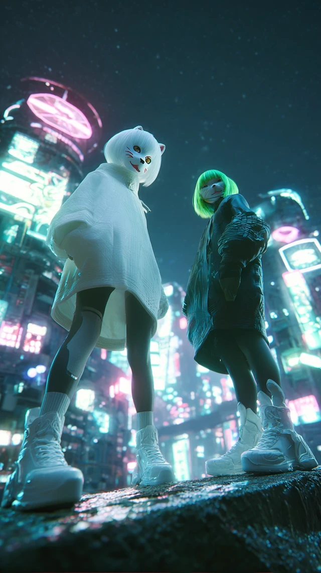 Cyberpunk Girls Fox Masks Rooftop Night City