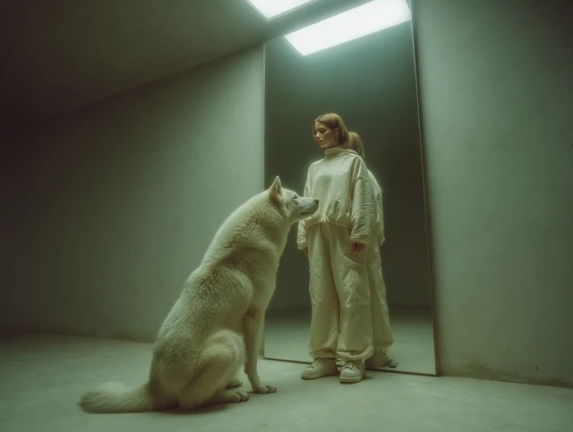 Model and White Wolf Minimalist Photography