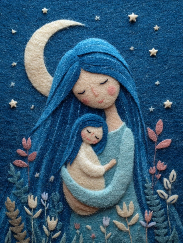 Angelic Mother and Child Wool Felt Art in Pastel Dream