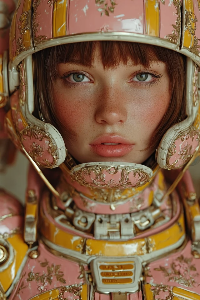 Robotic Girl Portrait in Pastel Pink Helmet