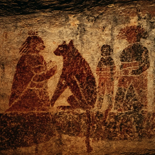 Prehistoric Cave Painting of Cat and Figures