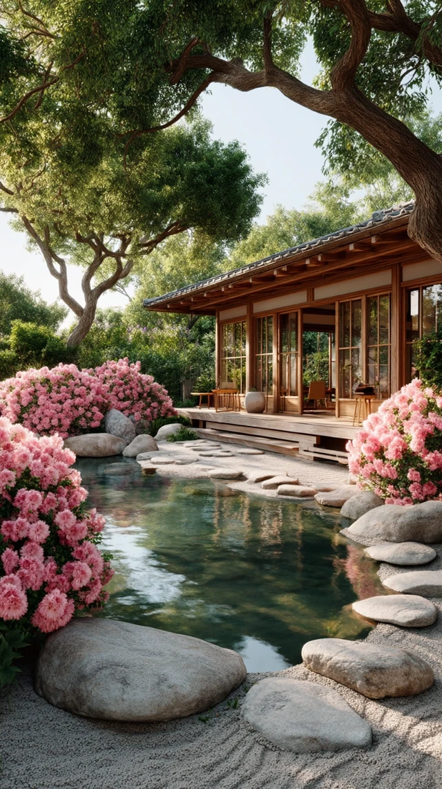 Japanese Garden in Bloom: A Photorealistic Scene