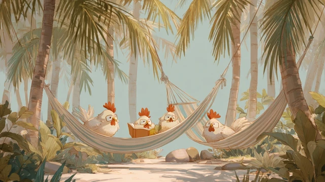 Lazy Chickens Chilling in Hammocks Palm Trees