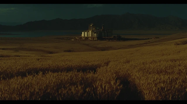 Cyberpunk Noir Film Still Wheat Field Brutalist