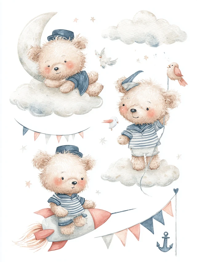 Cute Sailor Bear Watercolor Illustration
