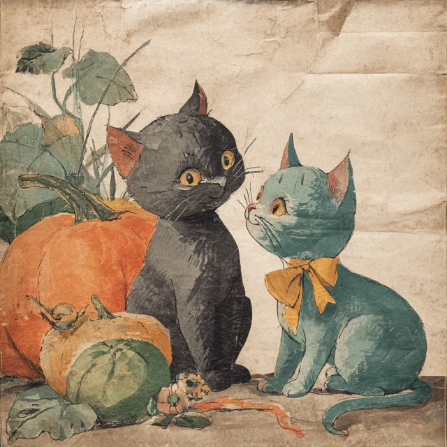 Vintage Halloween Greeting Card Cats and Pumpkin