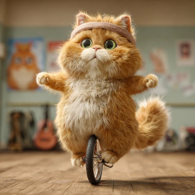 Cute Cat on Unicycle  Photorealistic 8K