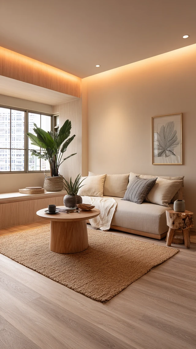 Modern HDB Room Design with Natural Tones and Soft Lighting